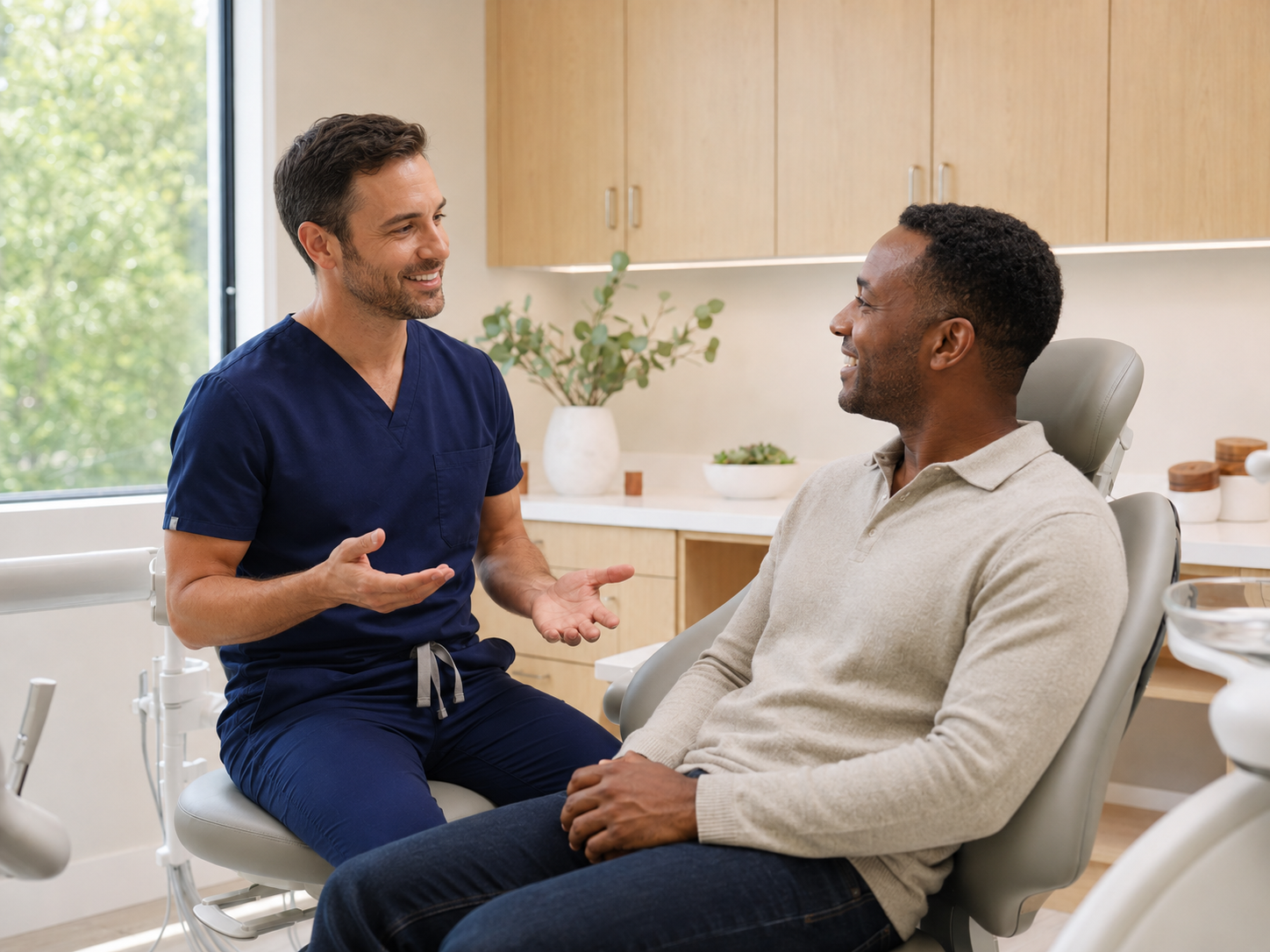 Male dentist speaking with a male patient in a modern dental practice